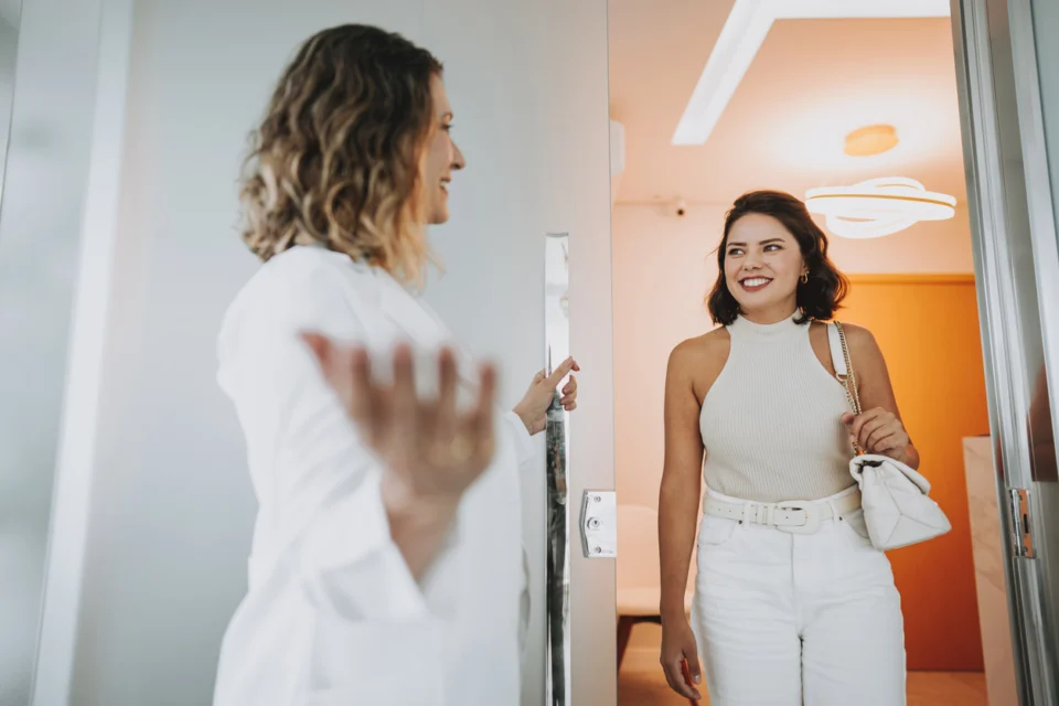 Woman arriving for a physician-led medical weight-loss consultation